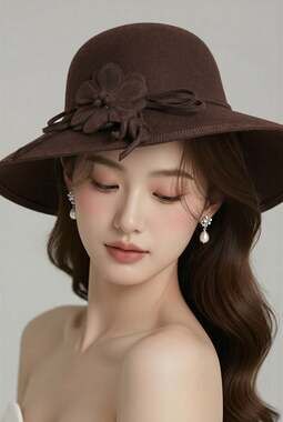 Liz Claiborne Crazy Horse Boho Brown Wool Floppy Hat with Flower and Gold Trim